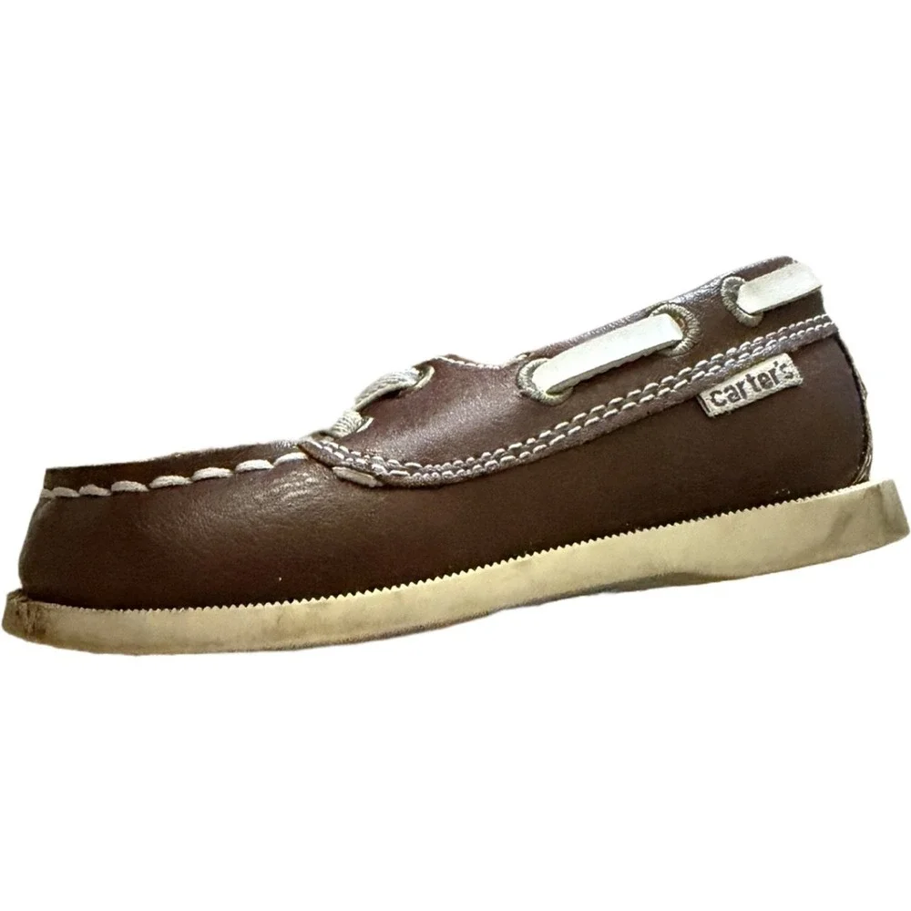 Carter's Toddler Boat Shoes Brown Faux Leather Lace Loafers Size 6 Boys Preppy